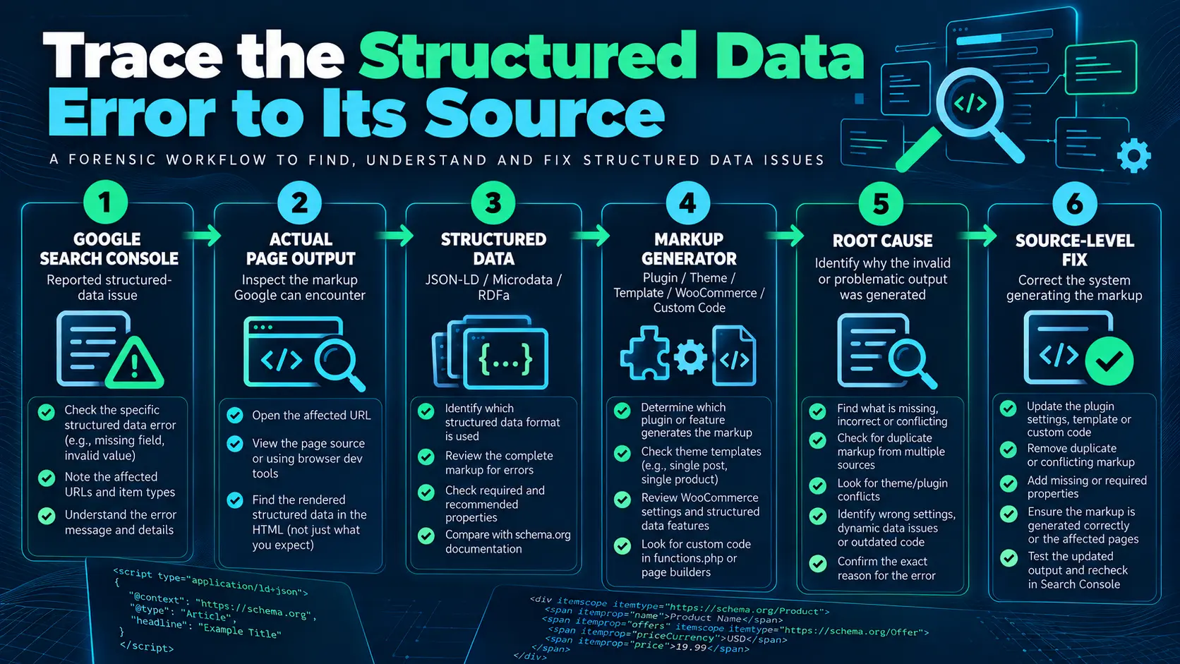 Trace structured data from Google Search Console through page output and markup generation to the root cause
