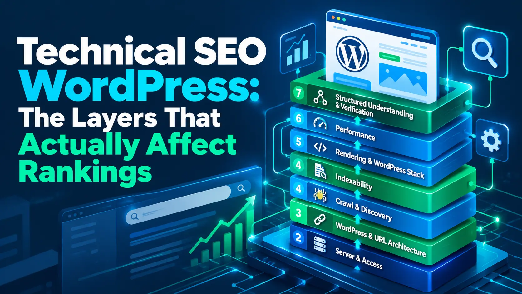 WordPress technical SEO layered system connecting server access, URL architecture, crawling, indexing, rendering, performance, and structured understanding