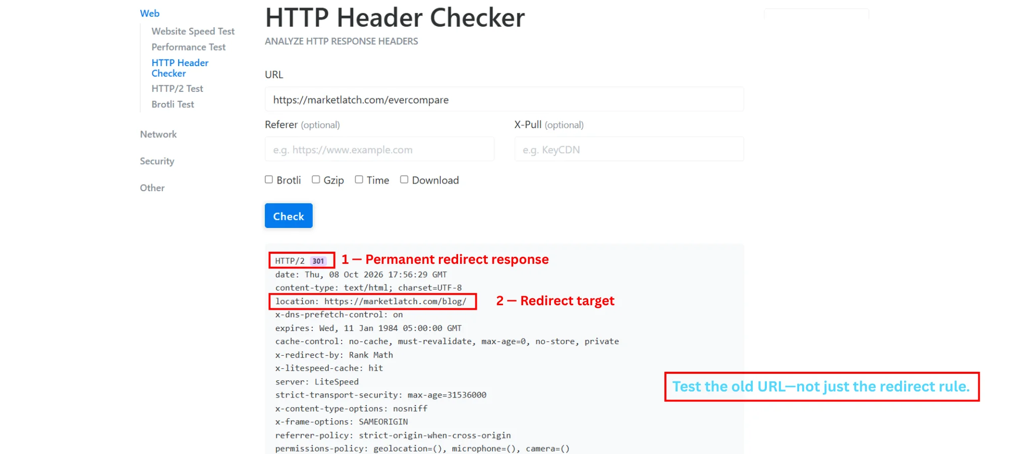 HTTP header test showing a WordPress old URL returning 301 with a Location header