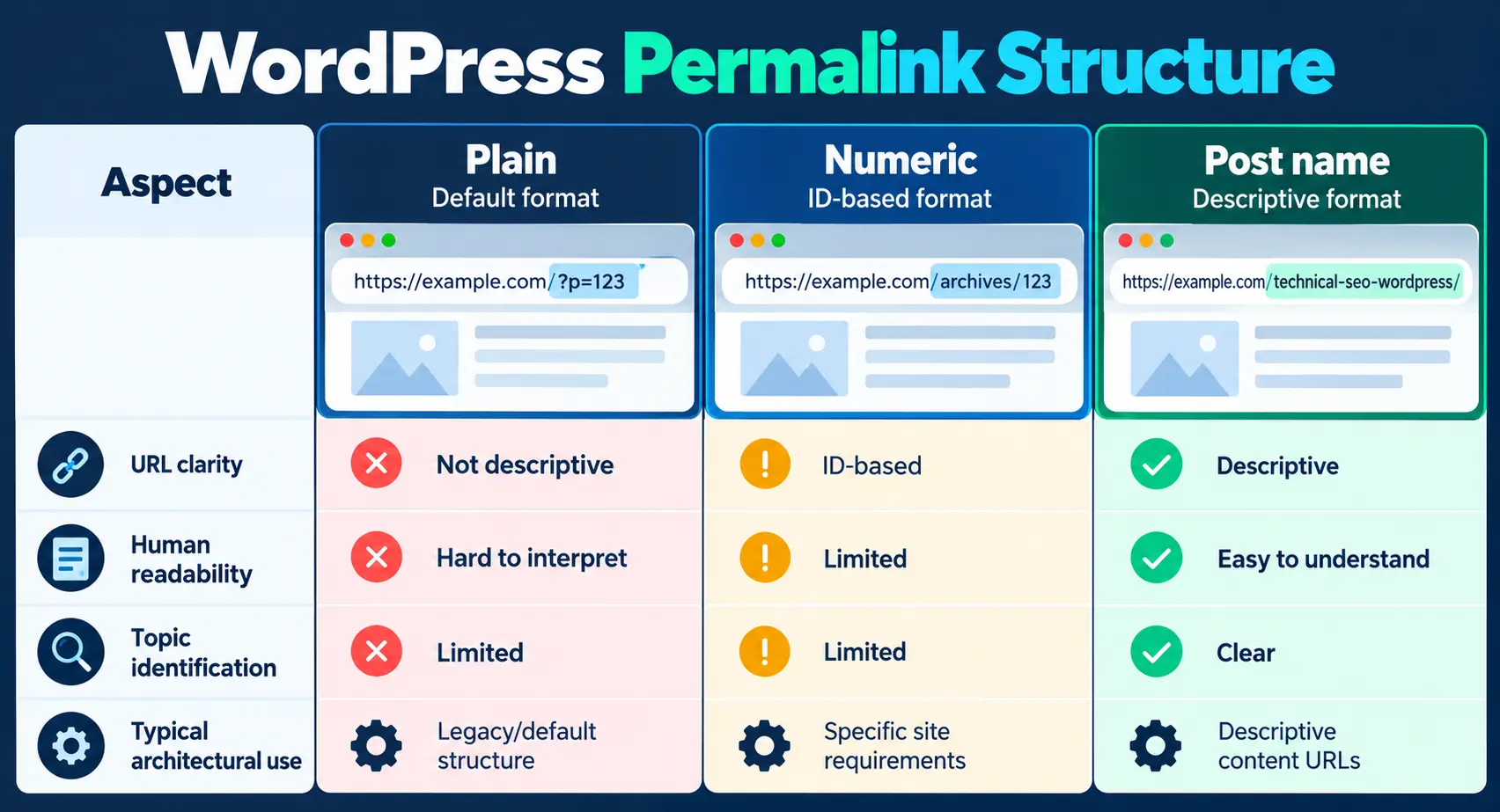 WordPress permalink structure comparison showing URL patterns and their architectural implications
