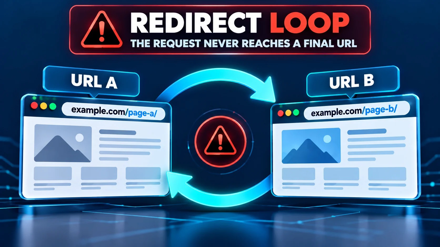 WordPress redirect loop diagram showing two URLs redirecting back to each other