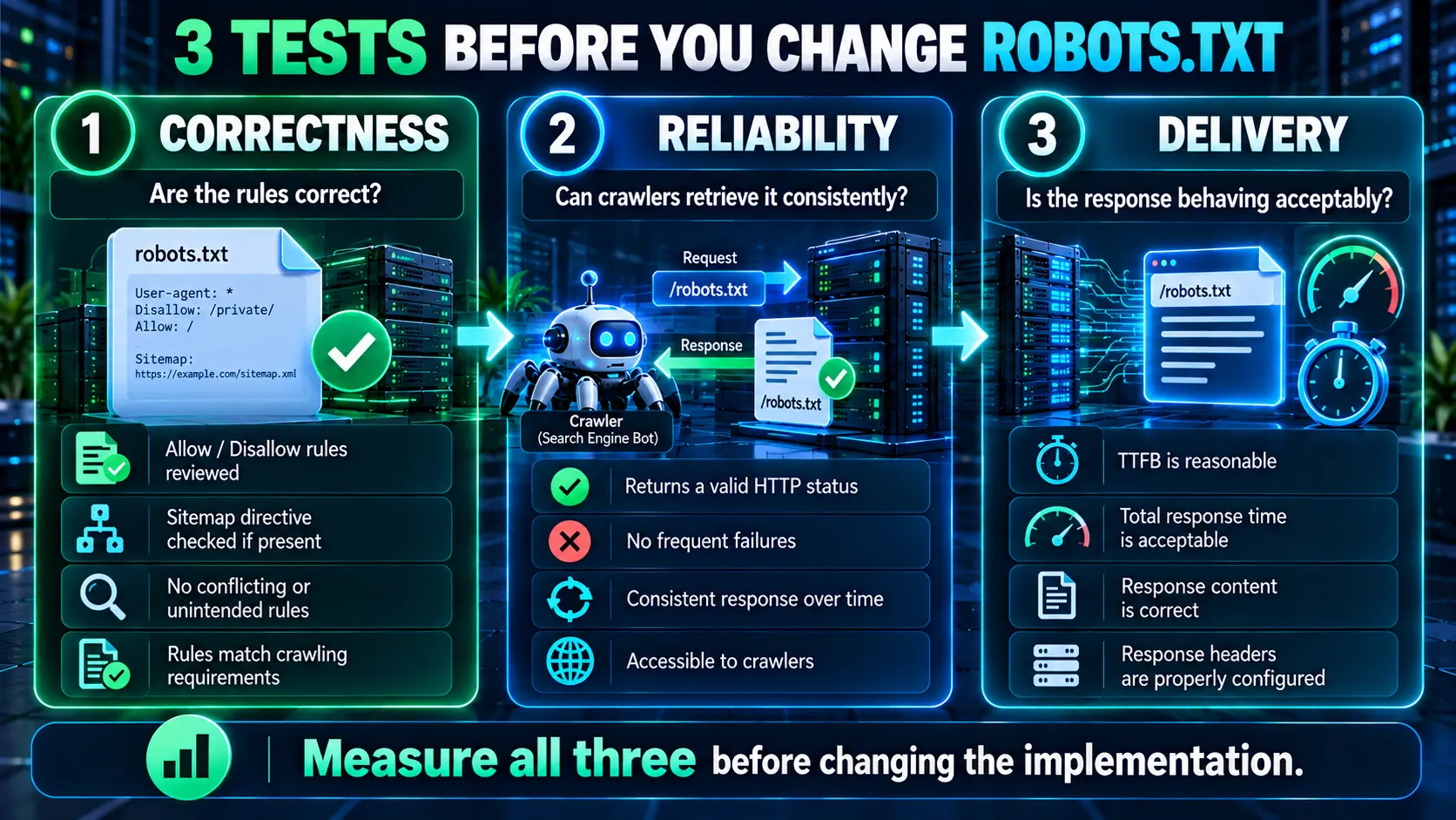 Three tests for WordPress robots.txt: correctness, reliability, and delivery