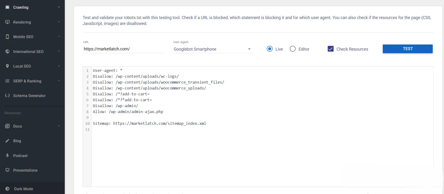 WordPress robots.txt crawl-access test showing Googlebot Smartphone rules