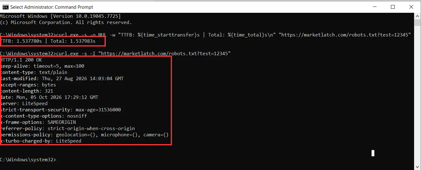 Current curl test of MarketLatch robots.txt showing HTTP 200, text/plain, 321 bytes, and approximately 1.538 second response time