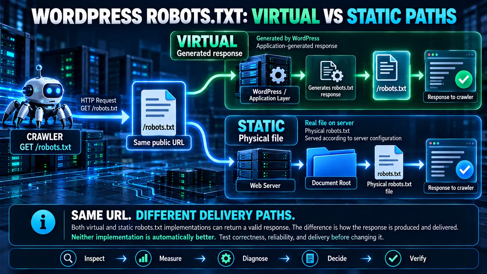 WordPress robots.txt virtual versus static delivery paths showing the same public URL served through different request paths